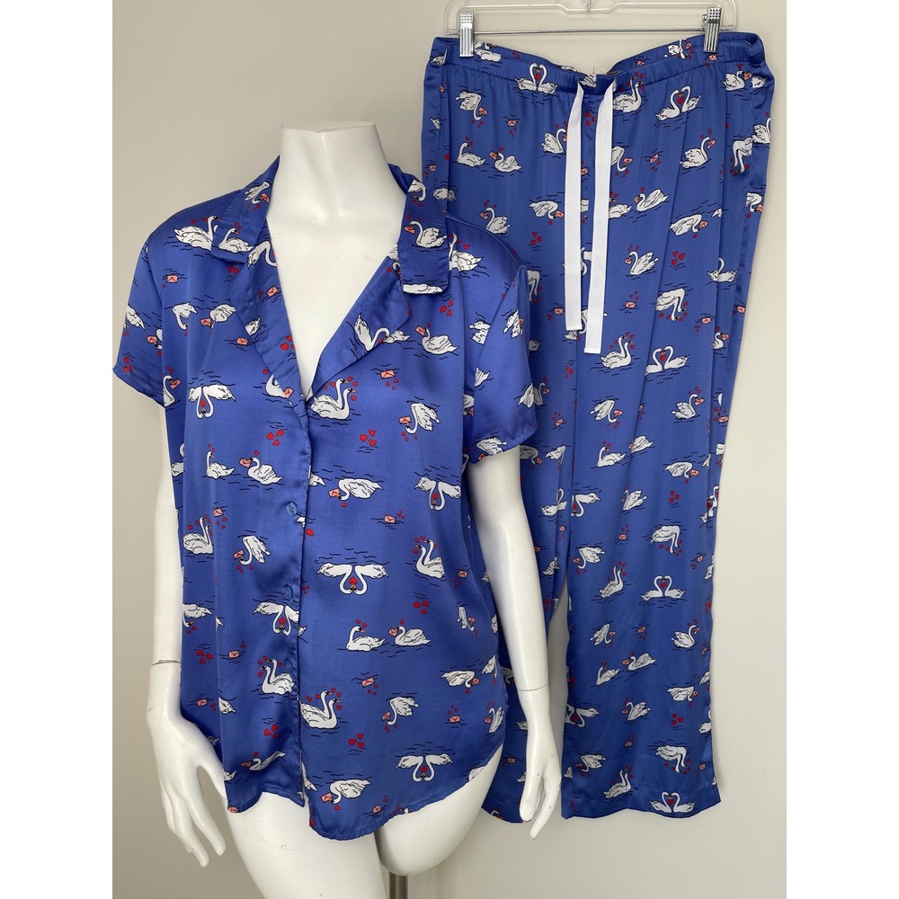 LOFT Swan Love Letter Print Satin Pajama Set Short Sleeve Button Top Pants L